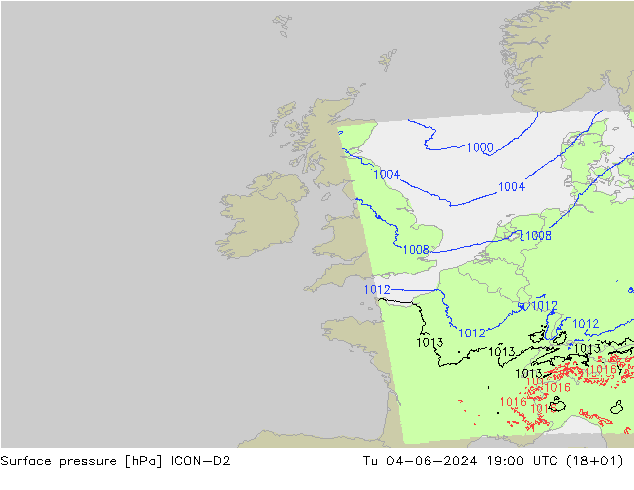 Surface pressure ICON-D2 Tu 04.06.2024 19 UTC