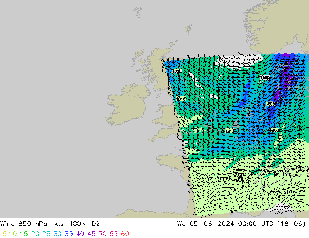 ветер 850 гПа ICON-D2 ср 05.06.2024 00 UTC