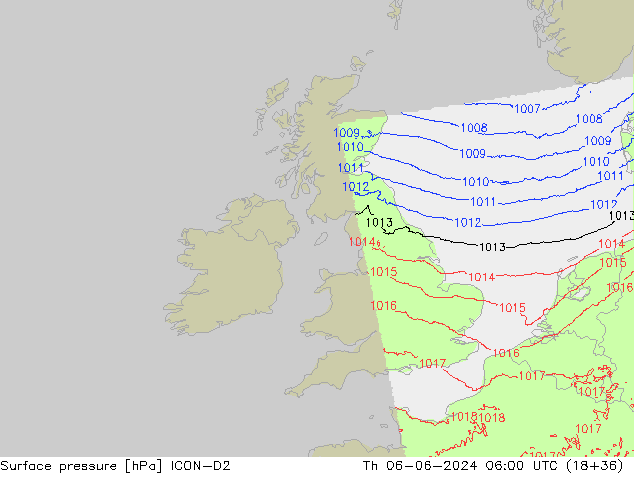 Surface pressure ICON-D2 Th 06.06.2024 06 UTC