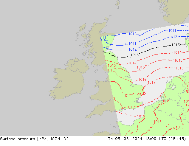 Atmosférický tlak ICON-D2 Čt 06.06.2024 18 UTC