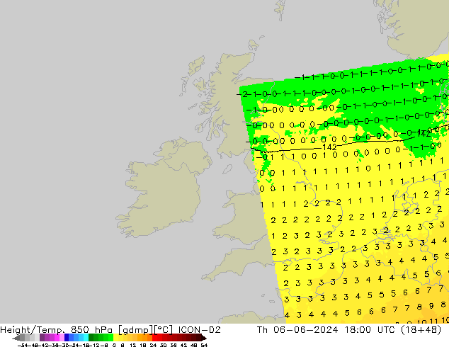 Height/Temp. 850 hPa ICON-D2 Qui 06.06.2024 18 UTC