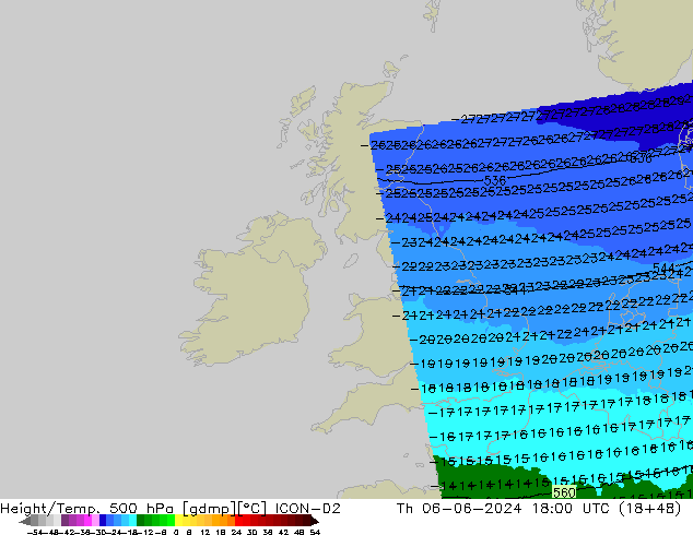 Height/Temp. 500 hPa ICON-D2 Th 06.06.2024 18 UTC