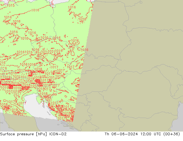 Presión superficial ICON-D2 jue 06.06.2024 12 UTC