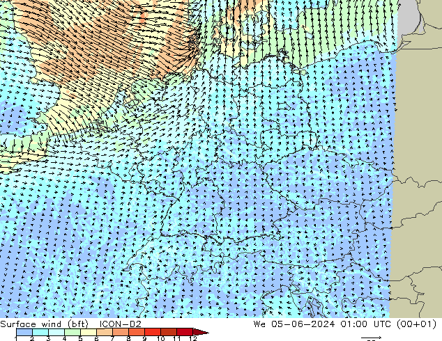 Wind 10 m (bft) ICON-D2 wo 05.06.2024 01 UTC