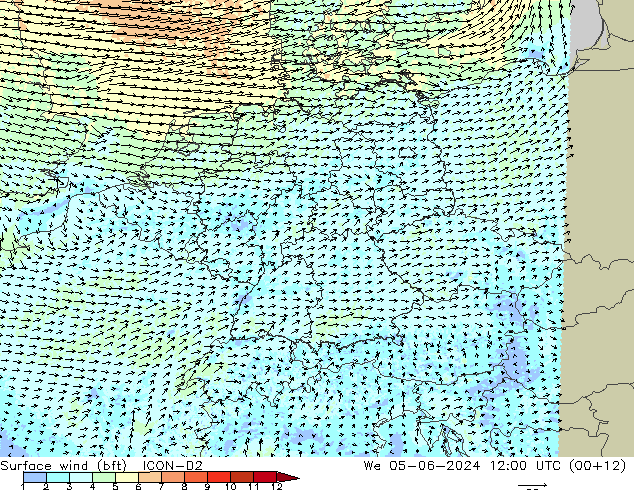 Bodenwind (bft) ICON-D2 Mi 05.06.2024 12 UTC