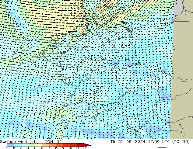 Bodenwind (bft) ICON-D2 Do 06.06.2024 12 UTC