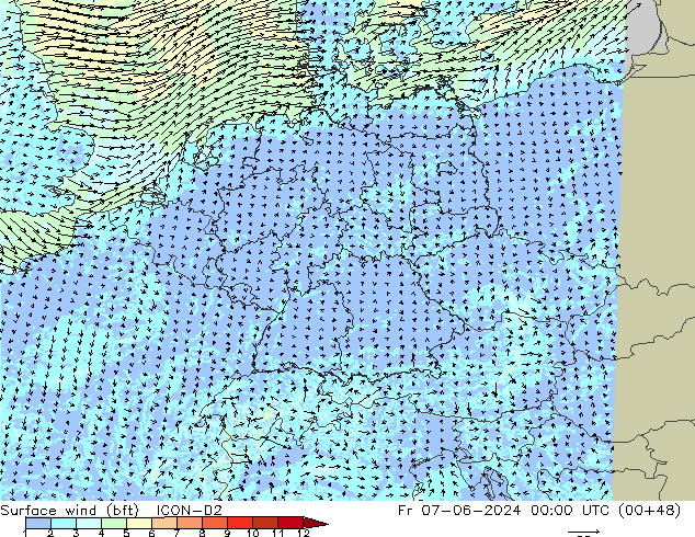 Bodenwind (bft) ICON-D2 Fr 07.06.2024 00 UTC