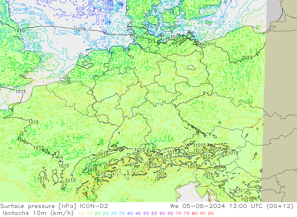 Isotachen (km/h) ICON-D2 Mi 05.06.2024 12 UTC