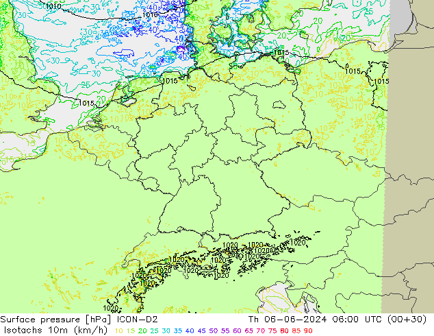 Izotacha (km/godz) ICON-D2 czw. 06.06.2024 06 UTC