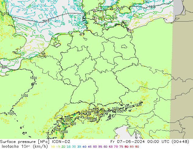 Isotachen (km/h) ICON-D2 Fr 07.06.2024 00 UTC