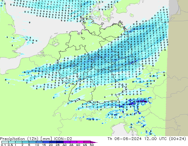 Precipitation (12h) ICON-D2 Čt 06.06.2024 00 UTC