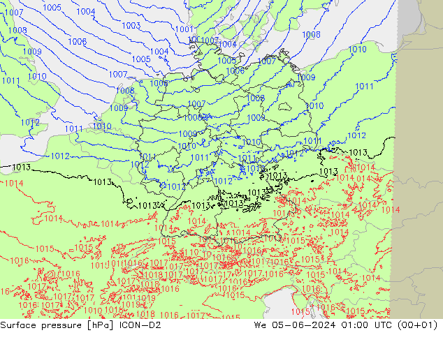 Surface pressure ICON-D2 We 05.06.2024 01 UTC