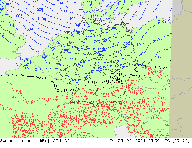 Surface pressure ICON-D2 We 05.06.2024 03 UTC