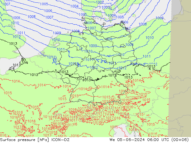 Surface pressure ICON-D2 We 05.06.2024 06 UTC