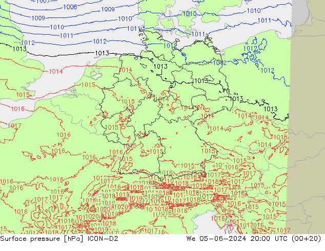 Surface pressure ICON-D2 We 05.06.2024 20 UTC