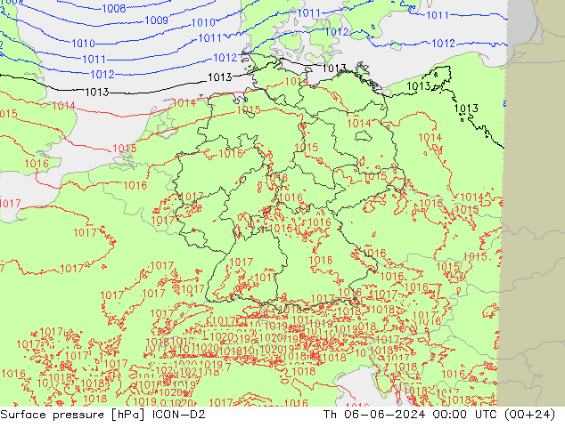 Pressione al suolo ICON-D2 gio 06.06.2024 00 UTC