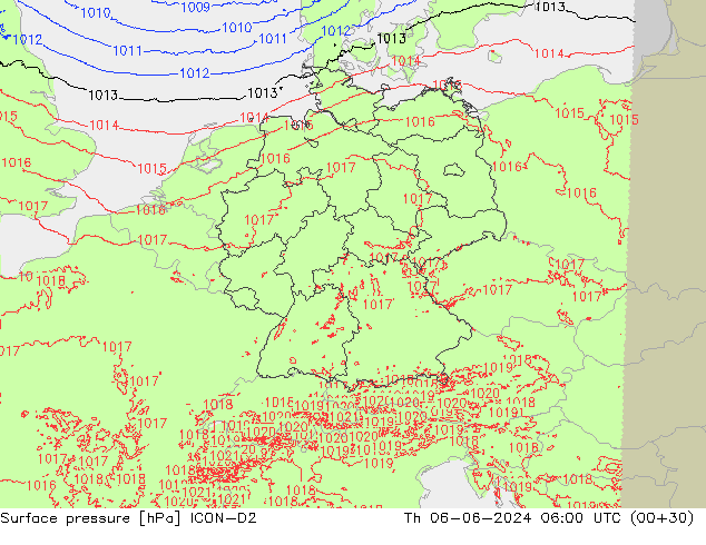 Pressione al suolo ICON-D2 gio 06.06.2024 06 UTC