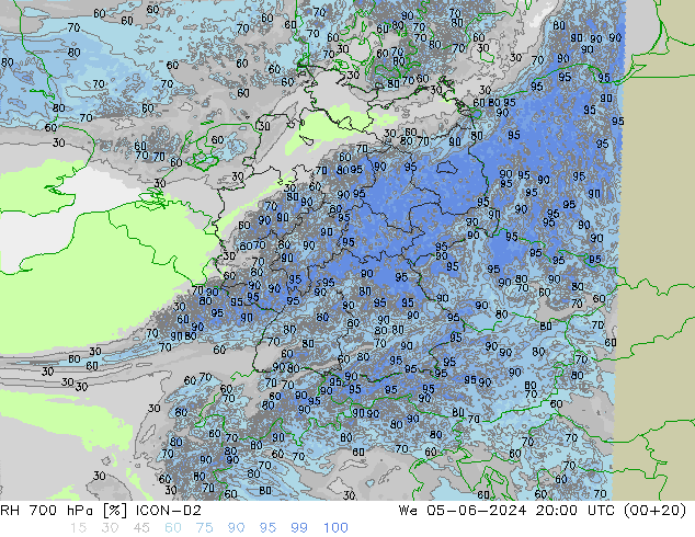 RH 700 hPa ICON-D2 星期三 05.06.2024 20 UTC