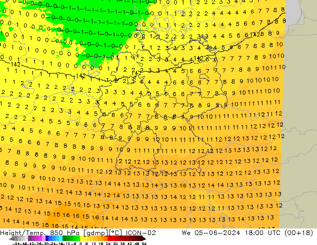 Height/Temp. 850 гПа ICON-D2 ср 05.06.2024 18 UTC