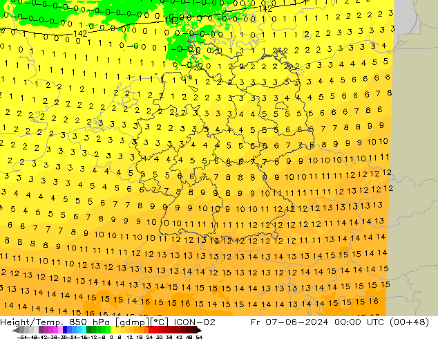 Geop./Temp. 850 hPa ICON-D2 vie 07.06.2024 00 UTC