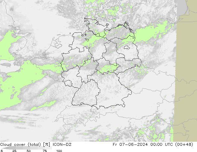 nuvens (total) ICON-D2 Sex 07.06.2024 00 UTC
