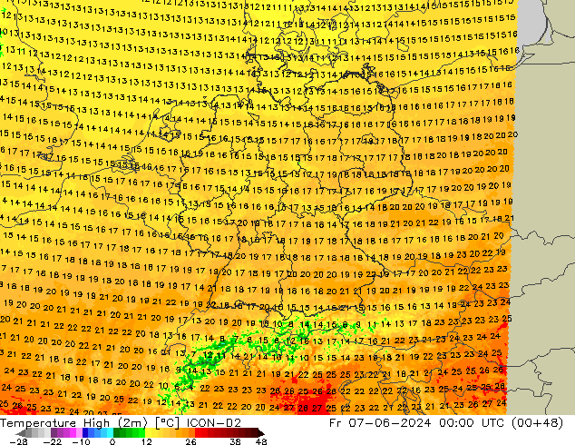 Темпер. макс 2т ICON-D2 пт 07.06.2024 00 UTC