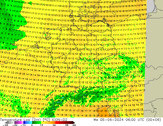 Temperature Low (2m) ICON-D2 We 05.06.2024 06 UTC