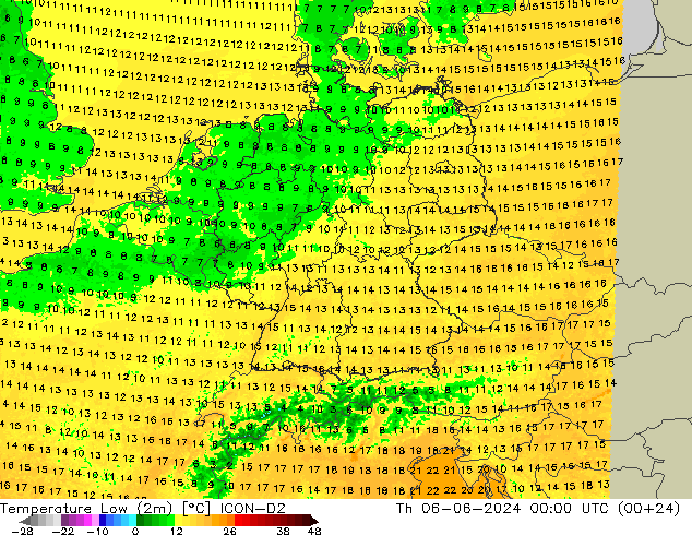 température 2m min ICON-D2 jeu 06.06.2024 00 UTC