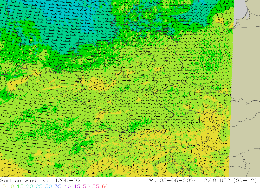 wiatr 10 m ICON-D2 śro. 05.06.2024 12 UTC