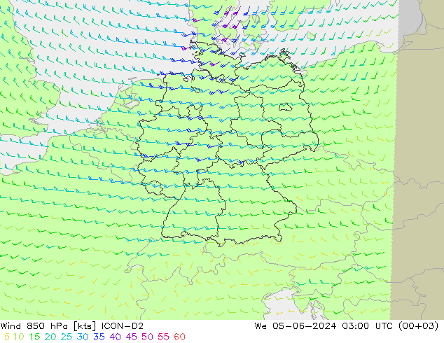 Viento 850 hPa ICON-D2 mié 05.06.2024 03 UTC