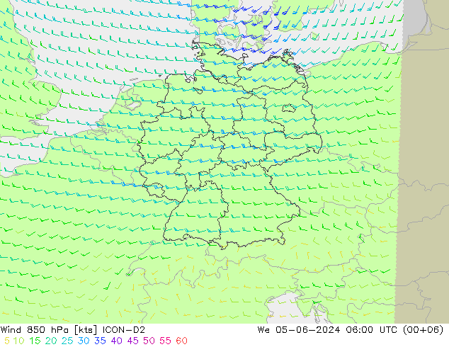 Vento 850 hPa ICON-D2 mer 05.06.2024 06 UTC