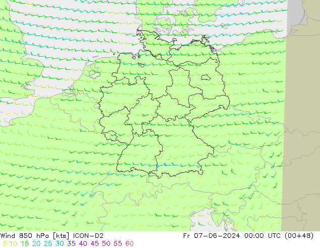 Wind 850 hPa ICON-D2 Fr 07.06.2024 00 UTC