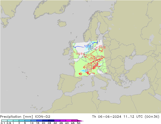 Srážky ICON-D2 Čt 06.06.2024 12 UTC