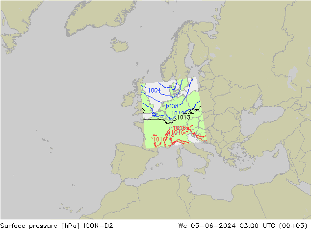 Presión superficial ICON-D2 mié 05.06.2024 03 UTC