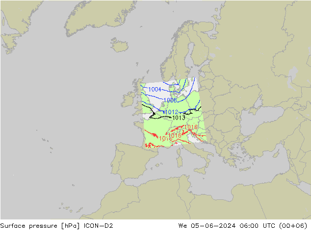 Surface pressure ICON-D2 We 05.06.2024 06 UTC