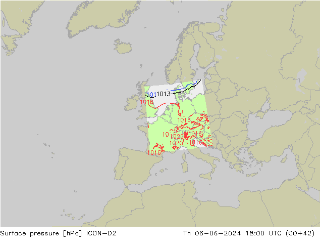 Atmosférický tlak ICON-D2 Čt 06.06.2024 18 UTC