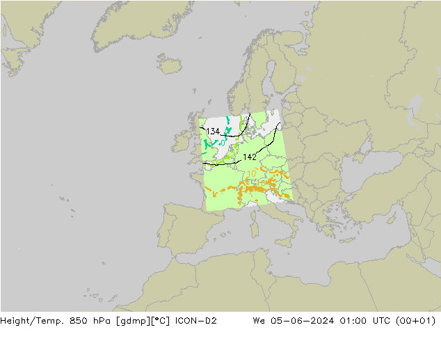 Géop./Temp. 850 hPa ICON-D2 mer 05.06.2024 01 UTC