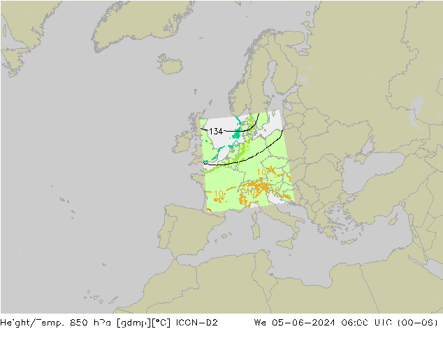 Height/Temp. 850 hPa ICON-D2 Mi 05.06.2024 06 UTC