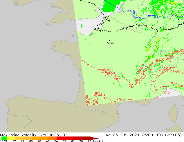 Max. wind velocity ICON-D2 mié 05.06.2024 06 UTC