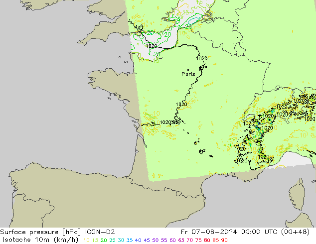 Eşrüzgar Hızları (km/sa) ICON-D2 Cu 07.06.2024 00 UTC