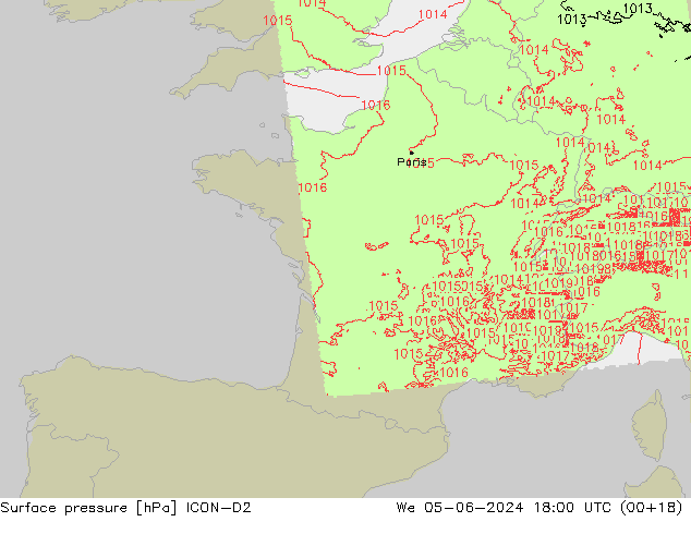 Surface pressure ICON-D2 We 05.06.2024 18 UTC