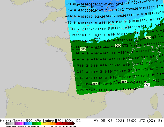 Geop./Temp. 500 hPa ICON-D2 mié 05.06.2024 18 UTC