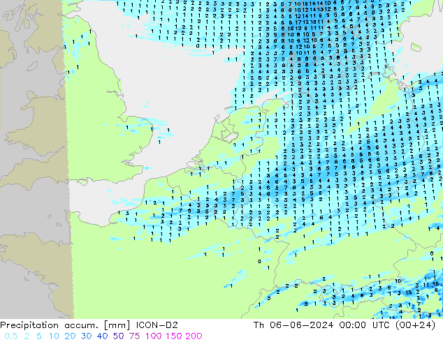 Precipitation accum. ICON-D2 Čt 06.06.2024 00 UTC