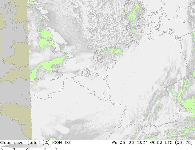 Cloud cover (total) ICON-D2 St 05.06.2024 06 UTC