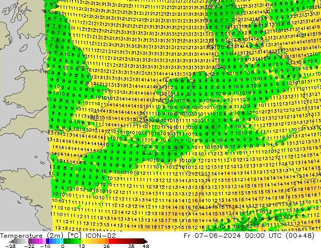 Temperatura (2m) ICON-D2 ven 07.06.2024 00 UTC