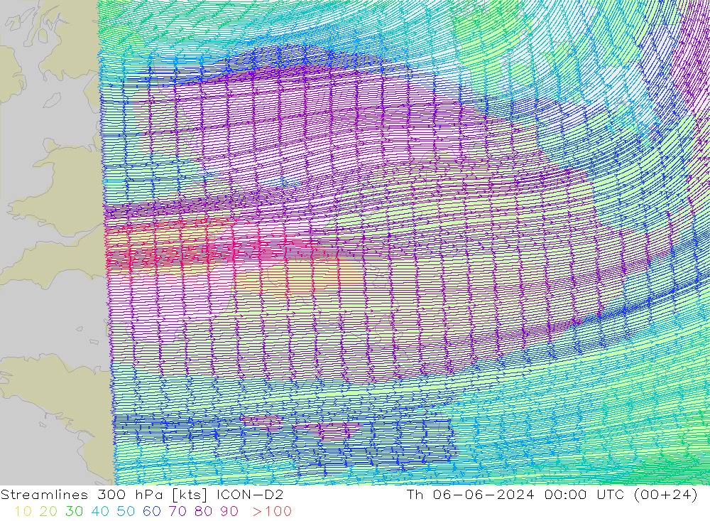 Streamlines 300 hPa ICON-D2 Čt 06.06.2024 00 UTC