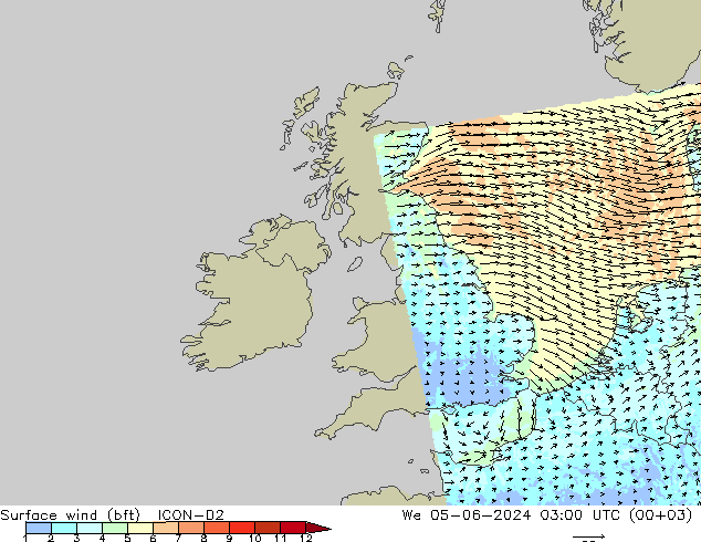 Vent 10 m (bft) ICON-D2 mer 05.06.2024 03 UTC