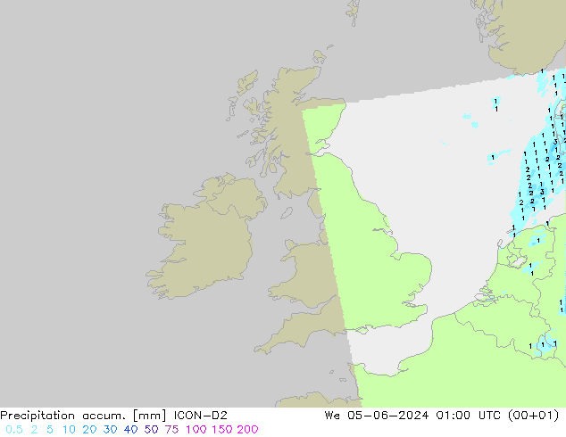 Precipitation accum. ICON-D2 śro. 05.06.2024 01 UTC