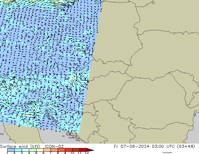 Rüzgar 10 m (bft) ICON-D2 Cu 07.06.2024 03 UTC