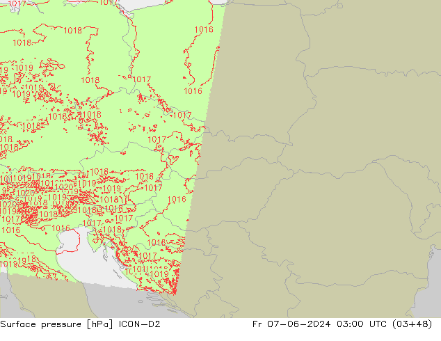 Pressione al suolo ICON-D2 ven 07.06.2024 03 UTC